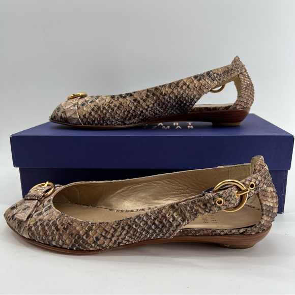 Stuart Weitzman Flats Shoes Neutral Beige Peep Toe Sz 8 N Slip On Cut Out Buckle - Picture 2 of 10